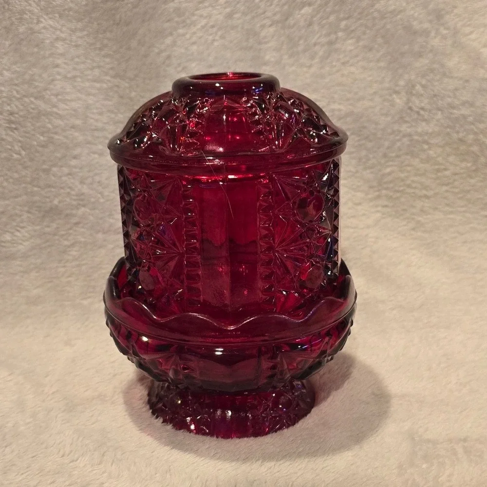 Vintage Indiana Glass Stars and Bars Ruby Flash‎ Red Fairy Lamp Candle Holder
